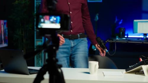 Influencer Entering Home Studio Doing Live Broadcast