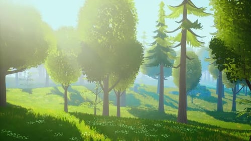 Cartoon Green Forest Landscape with Trees and Flowers