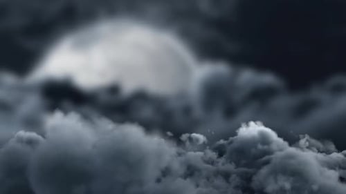 Digital animation of dark clouds against moon in night sky
