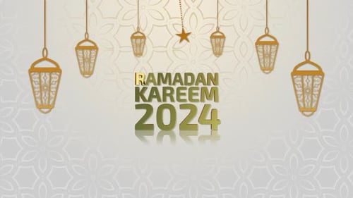 Ramadan Kareem 2024 Golden Text Reveal with Hanging Islamic Lanterns