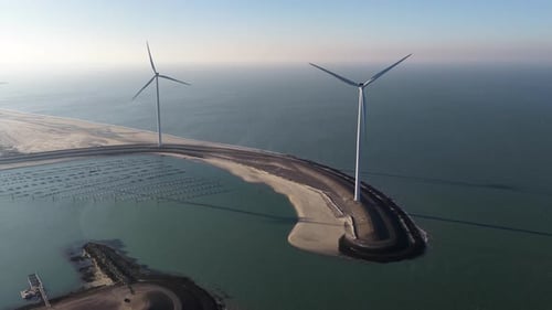 Aerial view of wind turbines near the sea, Netherlands.