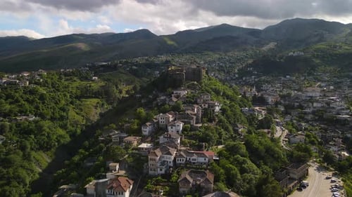View at Gjirokaster old town city and Gjirokaster Citadel or castle with blue sky in the background