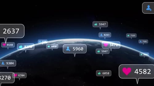 Multiple speech bubbles with social media icons and increasing numbers against globe