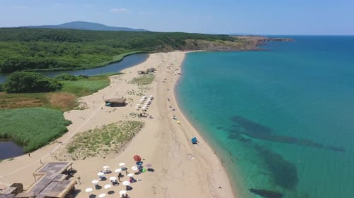 Aerial view to beautiful beach on Sinemorets and mouth of Veleka river, Black sea, Bulgaria