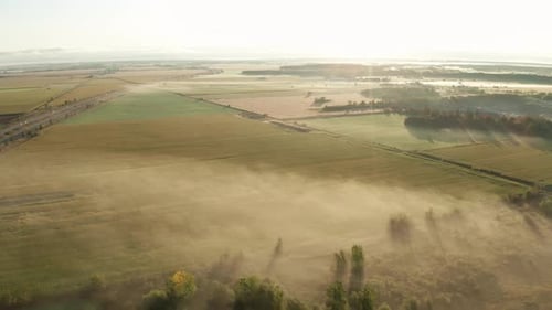 Golden morning light shines on foggy fields. Aerial view from drone backing. Sunrise over agricultur