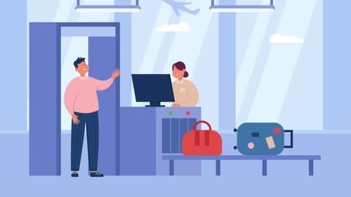 Airport Security Check with Scanner and Passengers Flat Animation