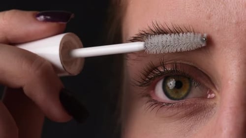 Girl Makes Makeup Brushing Eyebrows With Brush Close Up View For Makeup