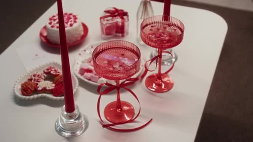 Romantic Table Setting with Champagne Glasses and Treats
