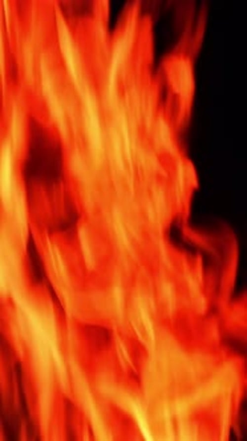 Brennendes Lagerfeuer auf dem völlig schwarzen Hintergrund. Kleine orangefarbene Flammen gehen schnell hoch. Vertikales Video