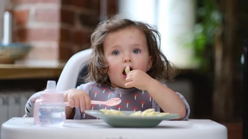 Adorable Toddler Eating Pasta in Highchair at Home