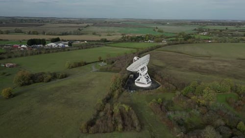 Aerial View of a Radio Telescope in Rural Landscape