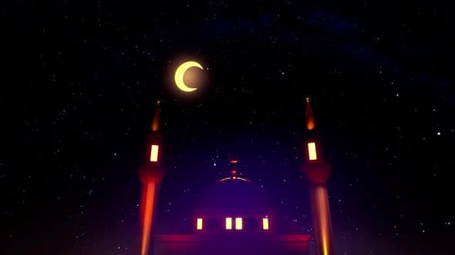 Animated Mosque with Glowing Minarets and Crescent Moon for Ramadan