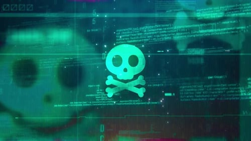 Glitch Cyber Security Skull and Crossbones Warning Animation