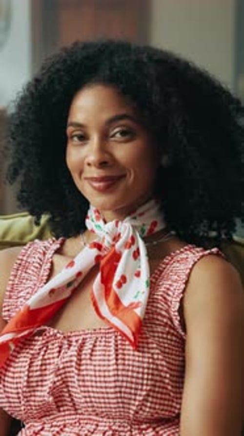 Face, relax and woman with smile, lounge and student on break in apartment