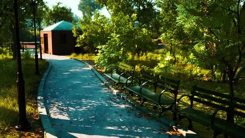 A Peaceful Pathway Through the Park with Benches and Greenery on a Sunny Day