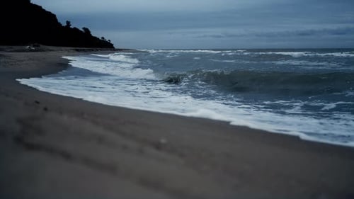 Dark Evening Sea Waves Splashing Beach