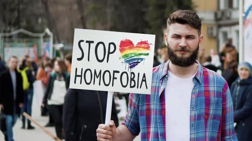 Gay Man Hold Stop Homofobia Banner Lgbt Pride Demonstration Protest Placards