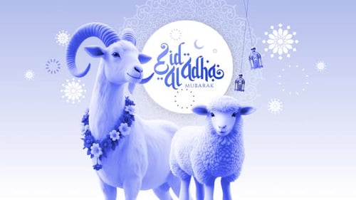 Animated Eid Al Adha Mubarak Greeting with Stylized Goat and Sheep