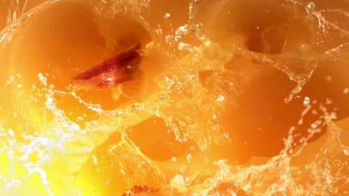 Super Slow Motion Shot of Fresh Peaches Falling Into Juice Whirl