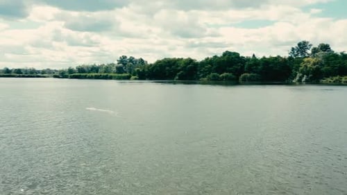 Tranquil Lake Surrounded by Green Trees on Cloudy Day
