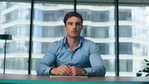 Man Scrolling Holographic Touchscreen Analysing Business in Metaverse Close Up