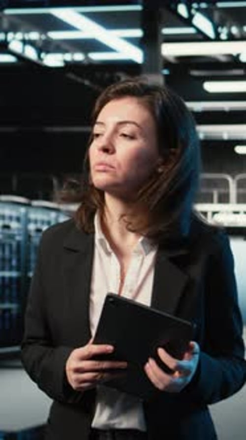 Vertical Video Optimizing Server Load VFX Compositing and Female Programmer in Data Center