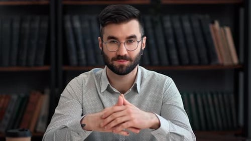 Portrait Hispanic Man Business Blogger Vlogger Talking Educational Science Channel Information