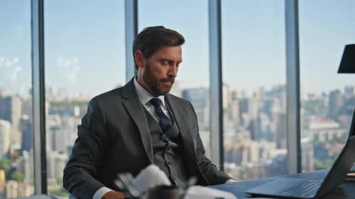 Frustrated Executive Thinking Problem Work in Panoramic Office Sad Stressed Man