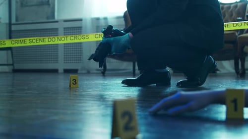 Crime Scene Investigation with Photographer and Evidence Markers