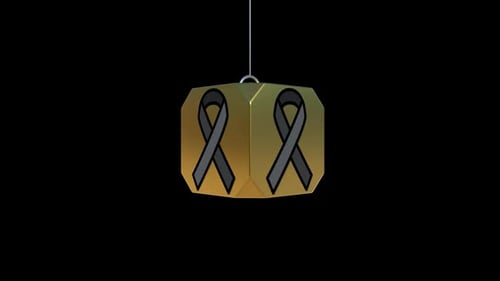 3D Rotating Golden Cube With Black Ribbon Symbol