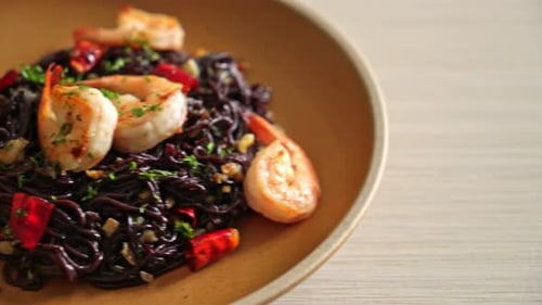 Black Pasta with Shrimp on Plate