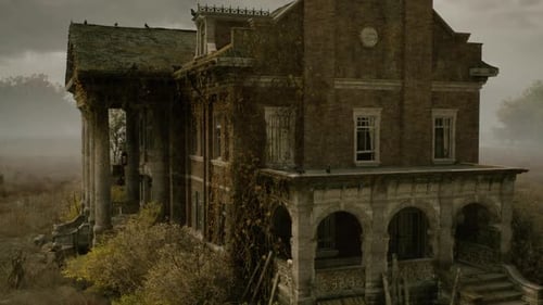 Abandoned Mansion in Overgrown Misty Landscape