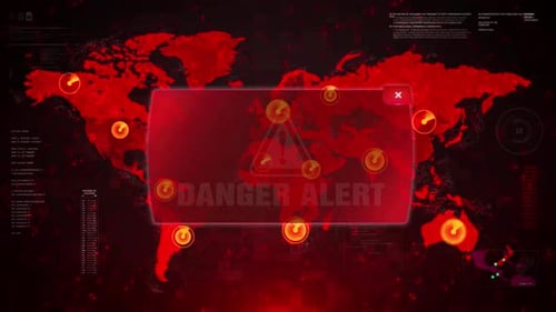 Global Danger Alert on Futuristic Red World Map