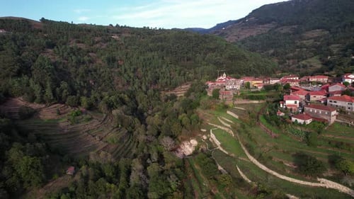 Fly Above Village and Agriculture Field of Sistelo, Portugal 4k