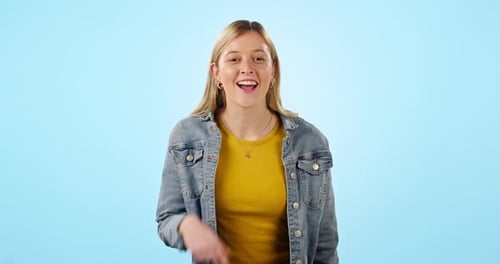 Happy woman, whisper and emoji for secret, gossip or confidential information on blue background