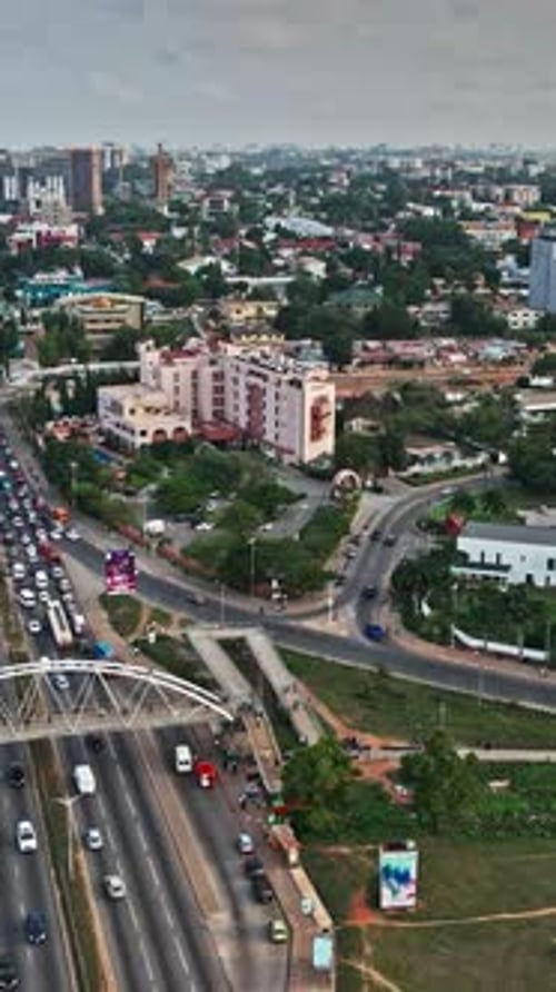 Aerial view of busy highway and urban landscape in Accra, Ghana