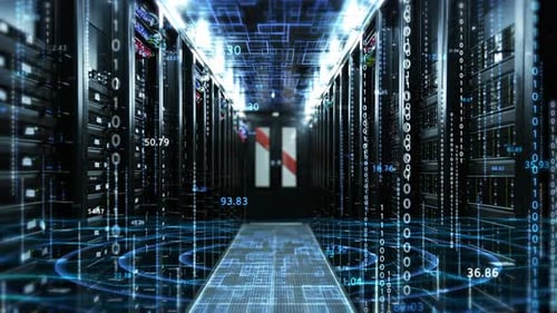 Futuristic Server Room with Digital Data Flow Animation