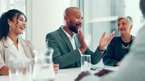 Fist bump, clapping hands and business people in office with celebration for winning