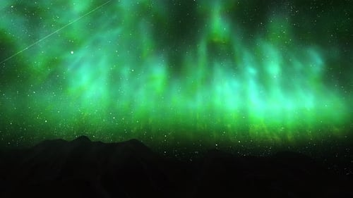 Green aurora borealis northern lights behind mountains, 2022 
