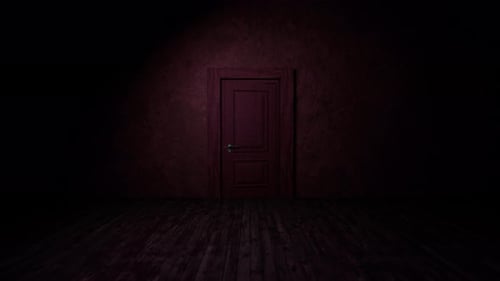 Neon lights emerging from an open door in a dark room