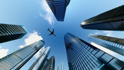 El avión sobrevoló la metrópoli internacional y los edificios de oficinas