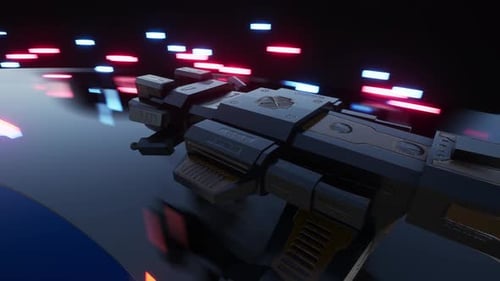 spacecraft passes On Neon Highway, 3D Rendering