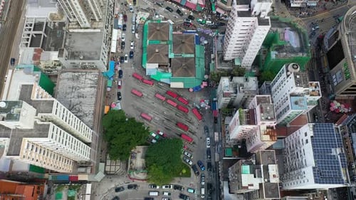 Top View Of Contemporary Buildings And Traffic In The City In Hong Kong. aerial