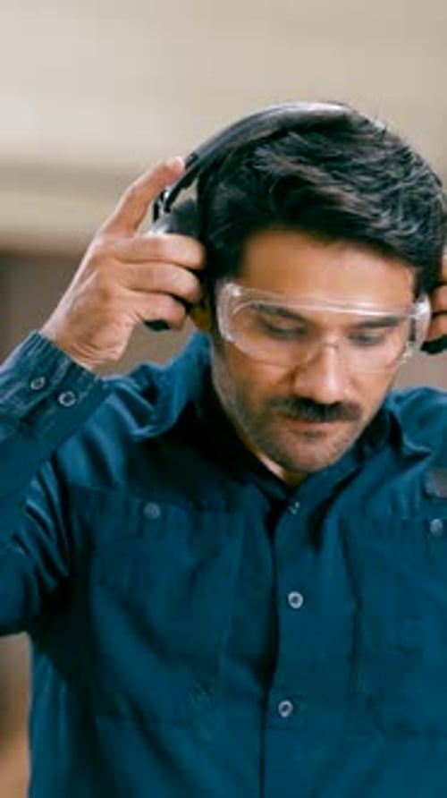 Man Puts on Safety Glasses and Headphones