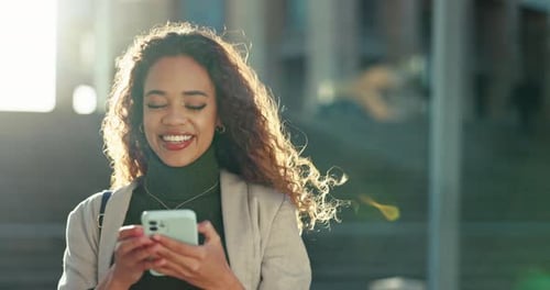 City, walking and woman with a cellphone, typing and contact with connection