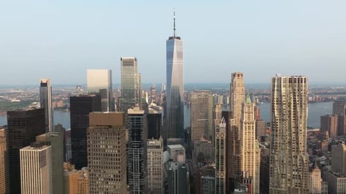 Aerial view of downtown skyline and skyscrapers, United States.
