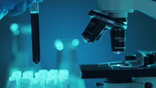 Closeup of Scientific Microscope Laboratory in Hospital Epidemic Disease Healthcare Vaccine Research