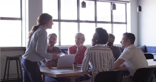 Management, meeting and business people, leader or woman project discussion on target audience