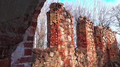 Brick and stone boulder style church wall remains, historic cultural heritage