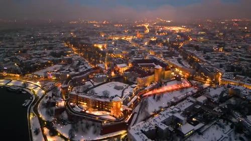 Winter aerial footage of Wawel Cathedral in Cracow, Krakow, Poland, Polska